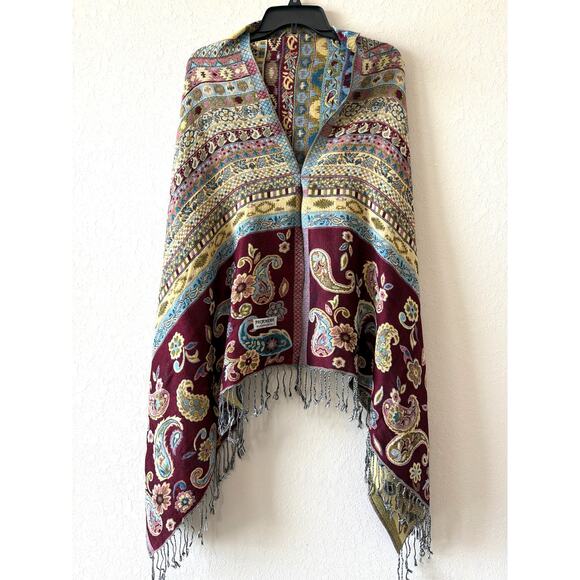 Red Gold Reversible Silk Blend Pashmina Scarf Shawl 67x27” Paisley Mixed Media - Picture 1 of 8